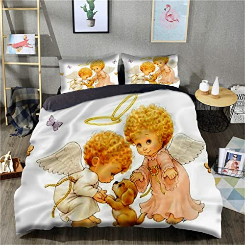 3D-Bedruckte Bettwäsche, Bettbezug, mit Engel bedruckter Bettbezug, atmungsaktives Unisex-Tagesdecken-Bettwäsche-Set (Einzelgröße 135 x 200 cm, 1 Bettbezug + 1 Kissenbezug)