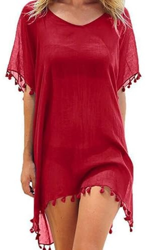 FFWTPY Mujer Suelto Vestido de Playa V Cuello Gasa Camisolas y Pareos con Borla Ropa de Baño de Playa Transparente Bikini Cover Up