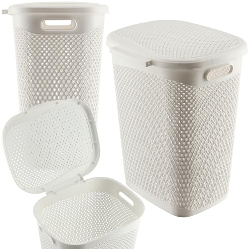 KADAX Plastik Wäschebehälter, Leichter Wäschekorb, Wäschesammler aus Kunststoff, Luftdurchlässige Wäschebox, Wäschetruhe mit Deckel (Weiß)