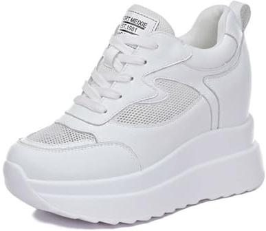 MIXSEN Baskets à Semelles Compensée de 10cm Chaussures en Cuir Compensés Sneakers Talons Wedge Outdoor Casual(Maille Blanc,37EU)