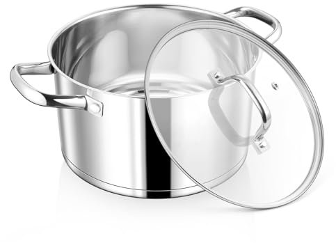 Homikit Kochtopf, 22cm Edeastahl Topf Nudeltopf Induktion 4,7L, Suppentopf mit Glasdeckel & 3-Lagen Böden für alle Herdarten Geeignet, Unbeschichtet Fleischtopf, Hochpoliert & Spülmaschinenfest