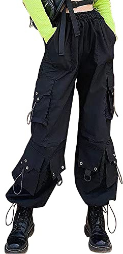 YINGWIN Women's Cargo Trousers Lightweight Tactical Hiking Pants Elastic Waist Gothic Pants Punk Loose Joggers Black