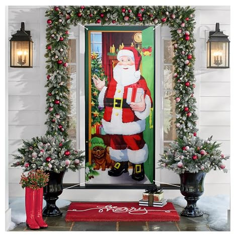 Sanrolax Copertura per porta natalizia, 187 x 90 cm, decorazione per porta di Natale, Babbo Natale, per casa, porta di casa, portico, decorazione natalizia, colore rosso