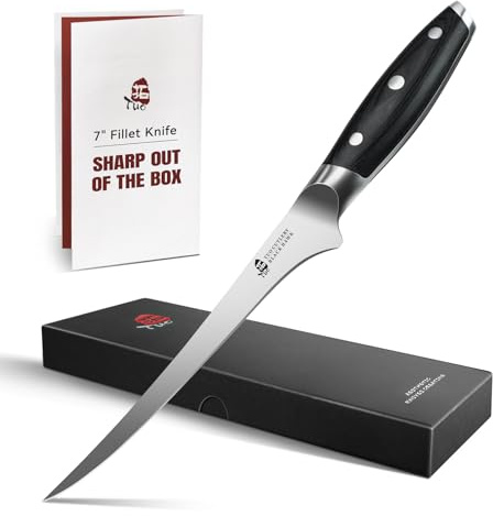TUO Fillet Knife, 7 Inch Professional Fish Boning Knife for Trimming Meat & Poultry, Flexible Blade, High Carbon German Steel, Full Tang Handle - Black Hawk Series