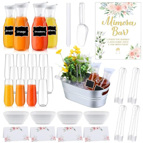 RimCereal 36 Pcs Mimosa Bar Supplies Includes Galvanized Tub 1L Carafe with Lid Champagne Glasses White Bowl Mimosa Bar Sign Chalkboard for Summer Baby Shower Party Supplies(Stemless,Clear)