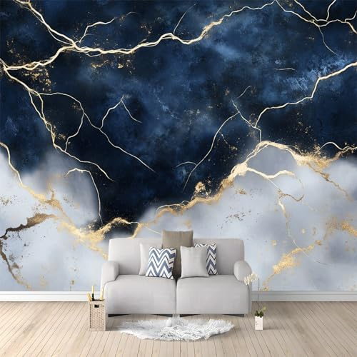 Générique Papier Peint Panoramique Marbre Bleu Blanc 200x140 cm Papier Peint Poster Mural 3D, Tapisserie Photo Peinture Murale Intissé Fresque pour Salon Chambre Toile Fond TV