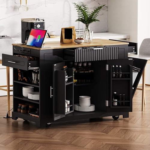 Rolling Kitchen Island con contenitore per bidone della spazzatura, presa di corrente, 3 cassetti e 3 ripiani laterali aperti, carrello da cucina mobile su 5 ruote, elegante armadio portaoggetti per