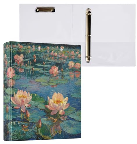 Reiacy Ring Binder, Lotus Monet 3 Ring A4 Binders with Clip Hold 200 Sheets, Large D-Ring File Organizer for Home School Office Supplies