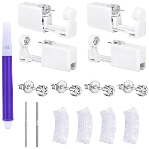 4 Pistole per Piercing Orecchio Monouso Sterili con 100 Proteggi Orecchie, Kit Fai da Te per Forare le Orecchie, Include 2 Paia di Orecchini in Argento 925, Penna Marcatore, Per Donne e Uomini