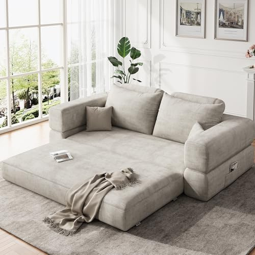 Jocoevol 75'' Queen Folding Convertible Sofa Bed with Large Pillow, 4-in-1 Floor Foldable Futon Sofa Bed, Chenille Boneless Mattress Couch, Floor Sleeper Sofa Chair Bed for Living Room/Bedroom, Beige