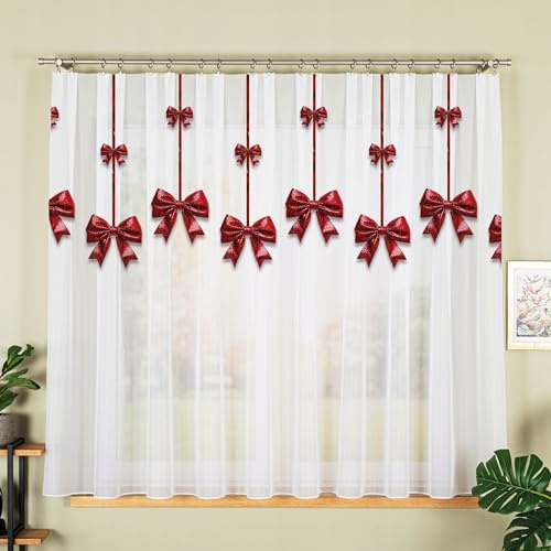 Gardinen Vorhangen Weiß Voile 200x155 cm (BxH) Weihnachten Mit Glitzer Schleifen Fertiggardine Mit Kräuselband Küche Wohnzimmer Glitzernde Schleifen