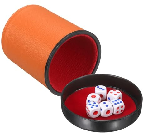 sourcing map Felt Lined Professional Dice Cup, PU Leather Quiet Shaker Cups with Lid Includes 6 Dot Dice for Bar Gatherings Party Board Games, Orange