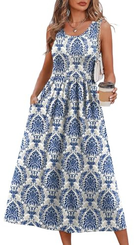 WIHOLL Summer Dresses for Women 2025 2026 Sleeveless Flowy Cute Casual Midi Dresses for Women Spring Dress Sundresses for Women Resort Wear Maxi Dress Blue Damask Print M