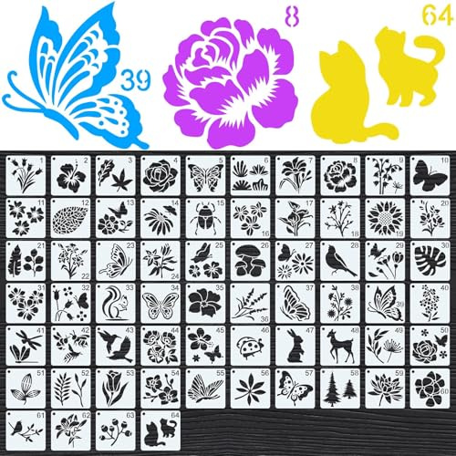 Brvozify 64 piezas mezclado plantillas de pintura reutilizables para arte, 7.6 x 7.6cm plantillas de dibujo para pintar animales flores y hojas DIY manualidades, para pintar en madera, pared, muebles