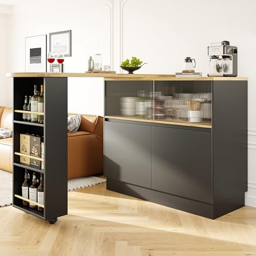 ModernLuxe 360°Drehbares Sideboard Stehtisch mit Ablageflächen und Glasschiebetür, Moderner ESS- & Barschrank 90x45x100cm, Küchenregal mit Stauraum, Schwarz Holzoptik, für Küche & Esszimmer