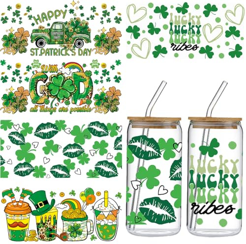5Sheets St. Patrick's Day UV DTF Cup Wrap for 16ozCups - Green Shamrock Clover Rainbow Lips Drink Rub on Transfers Stickers Waterproof Uvdtf Transfer Films Decals for Glass Cup Furniture DIY Craft