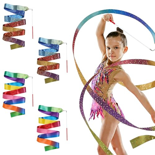 Tacitmeet 4 Pcs Gymnastics Ribbon for Kids, 78.7 Inch Colorful Dance Ribbons for Children, Dancing Ribbon Streamers for Talent Shows, Artistic Dancing, Baton Twirling