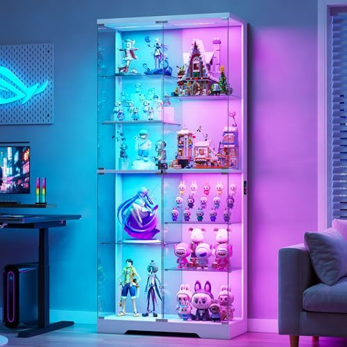 Gurexl 180cm Glass Display Cabinets with RBG Lights for Collectibles,White