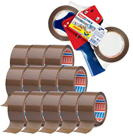 tesapack Ultra Strong und Handabroller im Set mit 2 besonders reißfesten PVC-Klebebändern Braun 66 m x 50 mm (Abroller + 12 Rollen extra, braun)