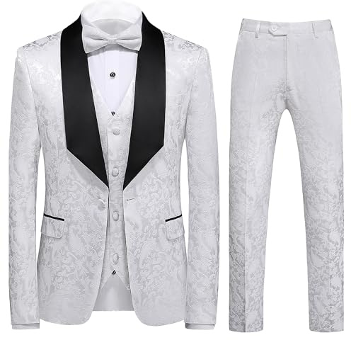 UNINUKOO Mens Suits Slim Fit 3 Piece Jacquard Suit 1 Button Shawl Collar Wedding Formal Tuxedo for Men US Size 32 White