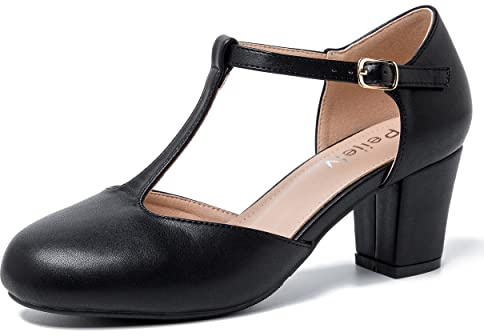 Women's T-Strap Mary Jane Pumps, Block Heel, Closed Toe, Dress Shoes with Buckle Matte Black 39 - US 8