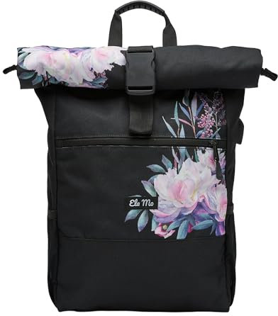 Ela Mo Rucksack Damen - Rolltop schön u. durchdacht - Laptop Rucksäcke für Frauen - Anti Diebstahl Tasche für Schule, Uni, Business (Beauty in Darkness)