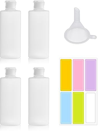 ATBUSS Lot de 4 bouteilles à presser de 200 ml avec couvercle à rabat, étiquettes autocollantes, entonnoir, tube en plastique, bouteilles distributrices, vides, réutilisables, conviennent pour les