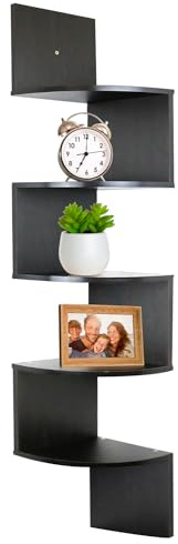 edihome, Etagere Angle Murale, en Bois, Étagère d'angle, Rangement à 5 Niveaux, Chambre à Coucher, Salon, Salle de Bain, Bureau à Domicile, Blanc Nuage (Noir)
