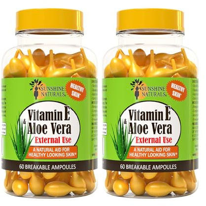 Sunshine Naturals Vitamin E and Aloe Vera Moisturizer. Hydrating Formula for Dry Skin, Soothing Relief, Nourishment, and Skin Elasticity. Promotes Soft and Healthy-Looking Skin. 60 Vials. Pack of 2