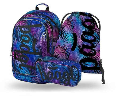 Baagl Schulrucksack Set Mädchen 3 Teilig, Schultasche für Grundschule Volksschule, Grundschule Ranzen mit Brustgurt, Ergonomischer Schulranzen (Palm)
