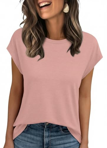 AirMood Dam sommartoppar med kortärm och grundläggande bas t-shirt med halsband, Rosa, XXL