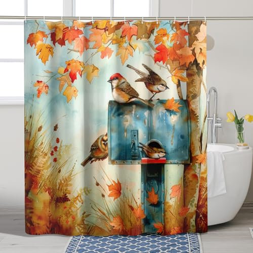 Tenda da doccia con uccellini, foglie d'acero autunnali blu, tenda da doccia per cassetta postale per decorazione del bagno, tenda da doccia in tessuto impermeabile con ganci, 182 x 183 cm