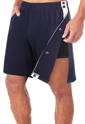 Acrawnni Men Tear Away Pants Shorts High Split Snap Button Patchwork Basketball Short Adaptive Post Hip Knee Surgery Recovery Shorts