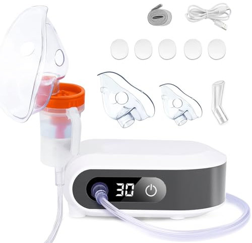 NEEMOSI Inhalationsgeräte, Inhaliergerät für Erwachsene Kinder Baby, LED Digitalanzeige Kompressor Vernebler mit Timerfunktion, Elektrische Inhalator mit Mundstück und Maske(Grau)