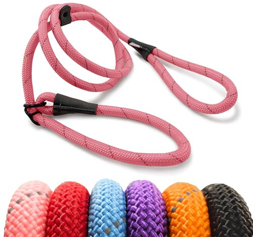 HugglePets Avancerad 2-i-1 reflekterande hundkoppel och huvudgrimma – rosa (180 cm) starkt rep hundkoppel med reflekterande material med hög synlighet och figur 8 konfiguration för hundar upp till 50