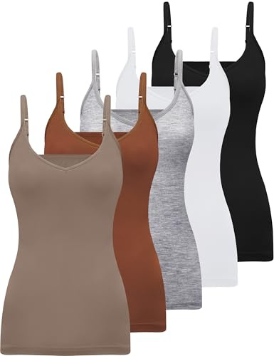 BQTQ 5 Pcs V Neck Camisole Tops for Women Spaghetti Strap Slim Fitted Soft Camisole Undershirts Basic Camisoles in Black, White, Gray, Sienna, Mistyrose, L