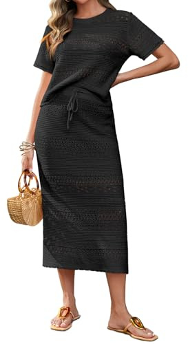 Tankaneo Set di 2 gonne da donna all'uncinetto, a maniche corte, top in maglia, gonna midi per vacanze e viaggi, nero, S