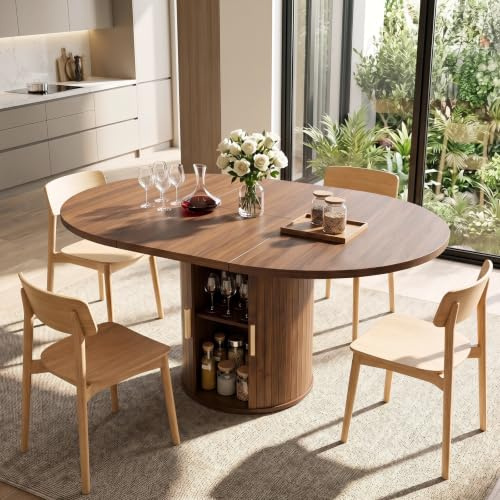 110-150cm Extendable Round Dining Table for 4-6 People with Storage Cabinet | Folding Wooden Dinner Table, Farmhouse Kitchen Table for Dining Room Living Room, Rustic Brown