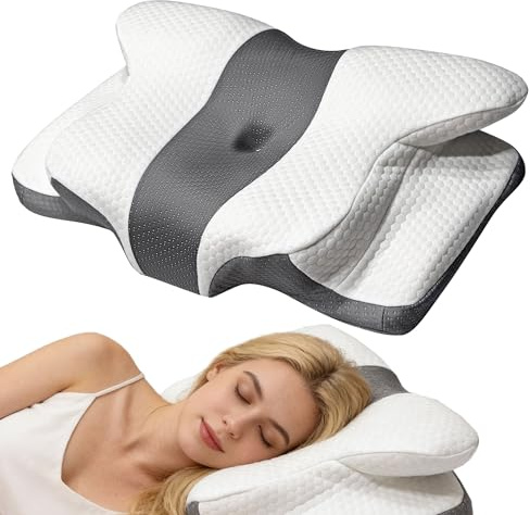 Universel Ergonomisches Nackenstützkissen Memory Foam – Orthopädisches Kopfkissen gegen Nackenschmerzen, Schmetterlingskissen für Seitenschläfer, Anti Schnarch Pillow 40x80 Grau und Weiß