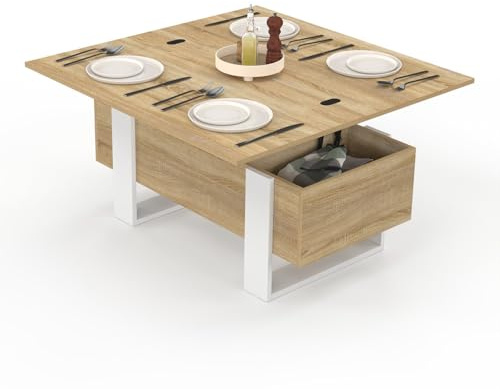 IDMarket - Table Basse Plateau relevable Convertible Phoenix Bois et Blanc