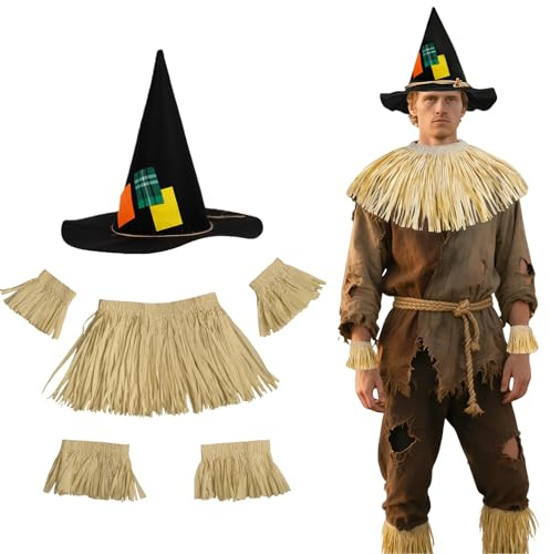 MUNSKT 6 accessori per costume spaventapasseri: 1 cappello spaventapasseri + 1 pezzo di paglia + 2 polsini da polso + 2 polsini alla caviglia, velcro regolabile, per cosplay per adulti, Halloween