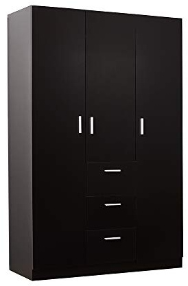 Panana Modern 3 Doors Tripe Wardrobe with 3 Drawers 4 Storage Shelves Hanging Rod, Large Cupboard Furniture for Bedroom (Black)