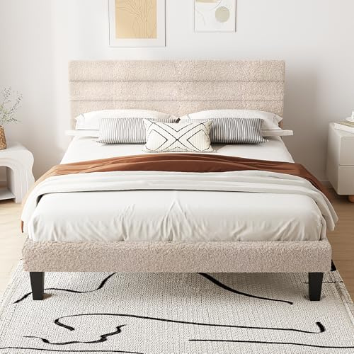 Bonnlo Lit 140x200 avec Sommier, Lit Double, Tête de Lit Tapissier, Montage Facile, Tissu Bouclé, Blanc Cassé