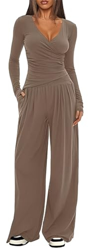 amropi Donna Maniche Lunghe Pieghe Maglietta con Scollo a V e Pantaloni a Gamba Larga Completo Casual Tuta 2 Pezzi Set Khaki, M