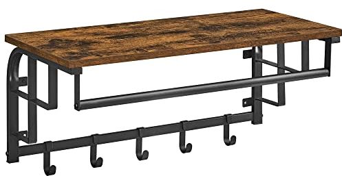 VASAGLE Wandgarderobe mit Aufbewahrungsregal, Wandregal mit 5 abnehmbaren Haken, Hängeregal mit Kleiderstange, für Eingang, Schlafzimmer, Wohnzimmer, rustikales Braun und Schwarz LCR12BX