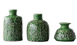 Creative Co-op Vases en grès gaufré Vert (Lot de 3 Tailles)