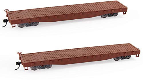 Evemodel C8741 2pcs HO Scale 1:87 52' Flat Car Flatbed Transporter 52ft Model Train Container Carriage Freight Car (Brown)