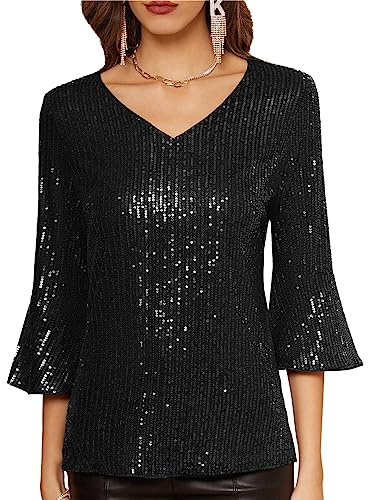GRACE KARIN Camiseta sin mangas de manga larga con lentejuelas para mujer, cuello redondo, blusa brillante con purpurina y cinturón, Negro, M
