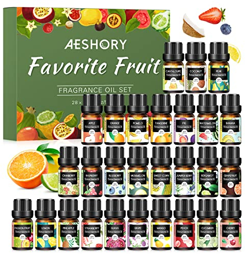 Aeshory Fruchtig Ätherische Öle für Diffuser, 28 x 5ml Aroma Öl Essential Oils Set Aromatherapie Duftöle GeschenkSet - Maracuja, Banane, Preiselbeere, Himbeere, Heidelbeere, Erdbeere, Kirsche