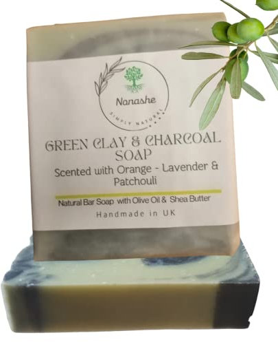 Nonashe Handmade Cleansing Bar Soap With Olive Oil,Shea Butter,Natural Ingredients,Vegan & Palm Oil Free,Face & Body Soap for Women & Men (Green Clay & Charcoal With Orange, Lavender & Patchouli,100g)
